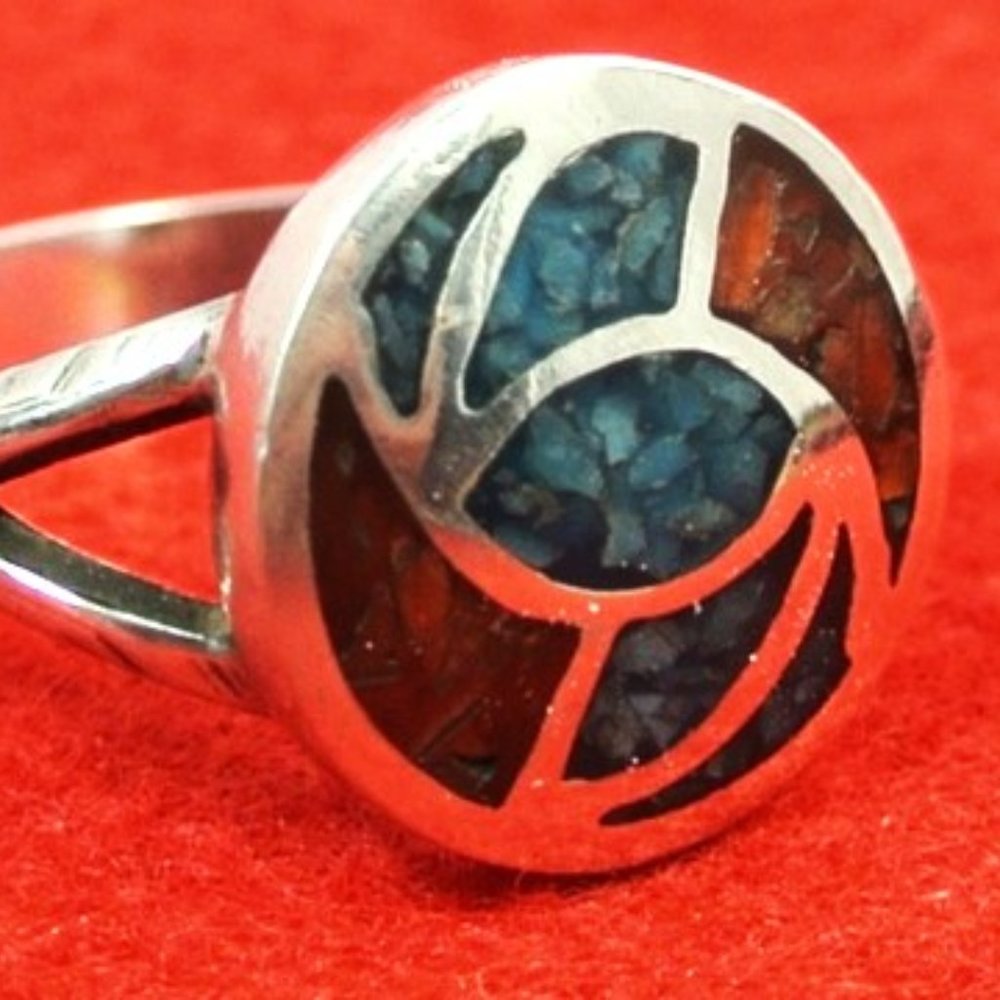 Vint Crushed Inlay Coral & Turquoise Ring size 6.5